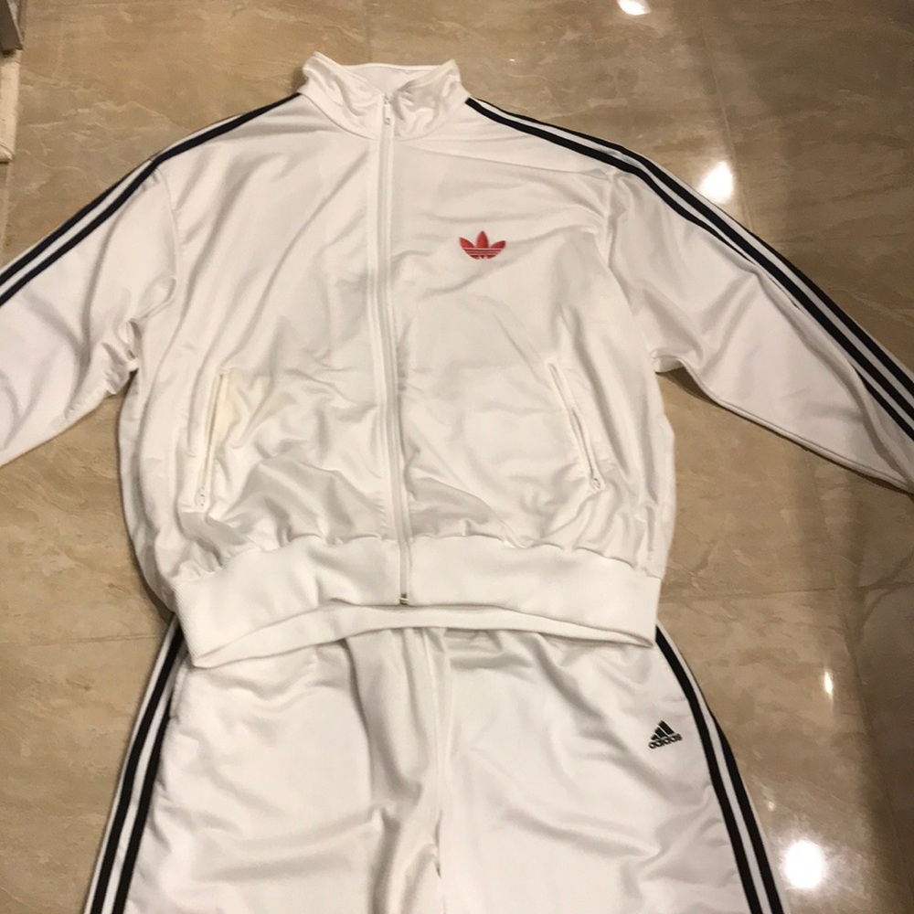 Adidas white track suit top and bottom